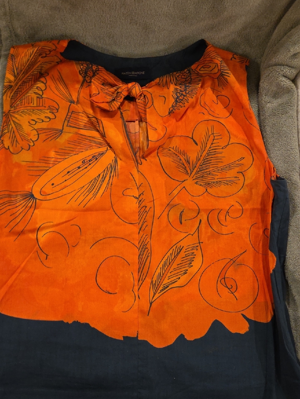 Cotton Blend Piazza Sempione Orange Floral Tie-Accent Blouse